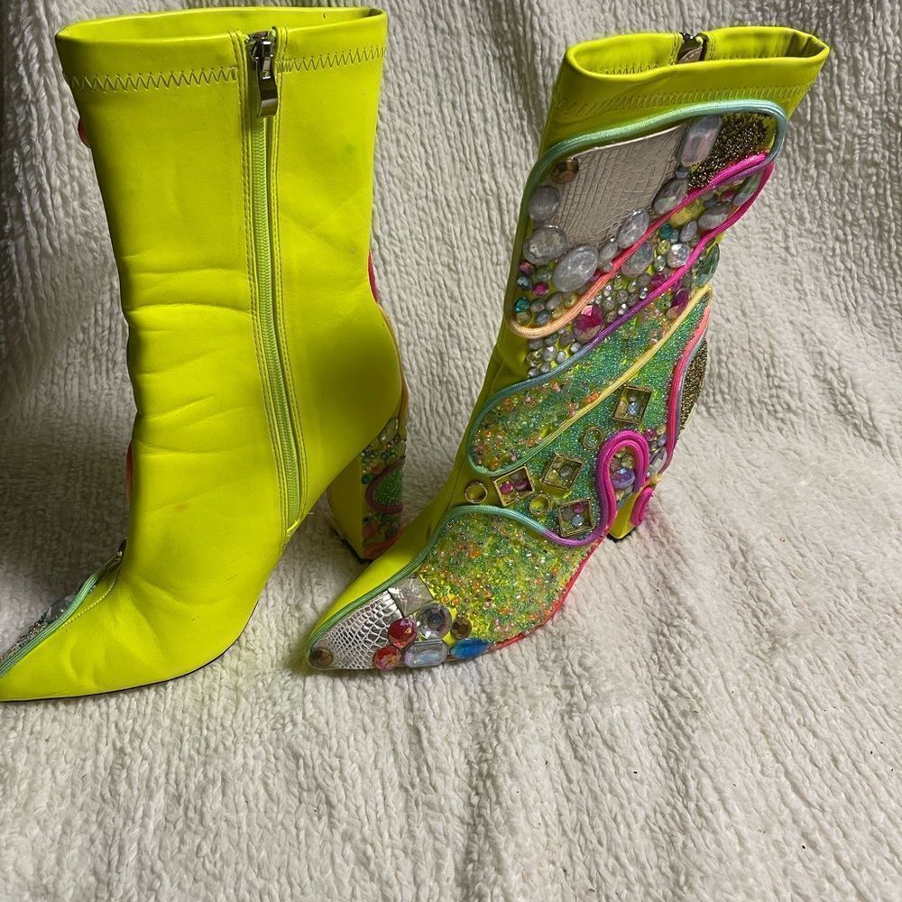 Rumbidra synthetic Neon green mid calf heel boots Colorful embellishments SZ11 - Picture 4 of 15